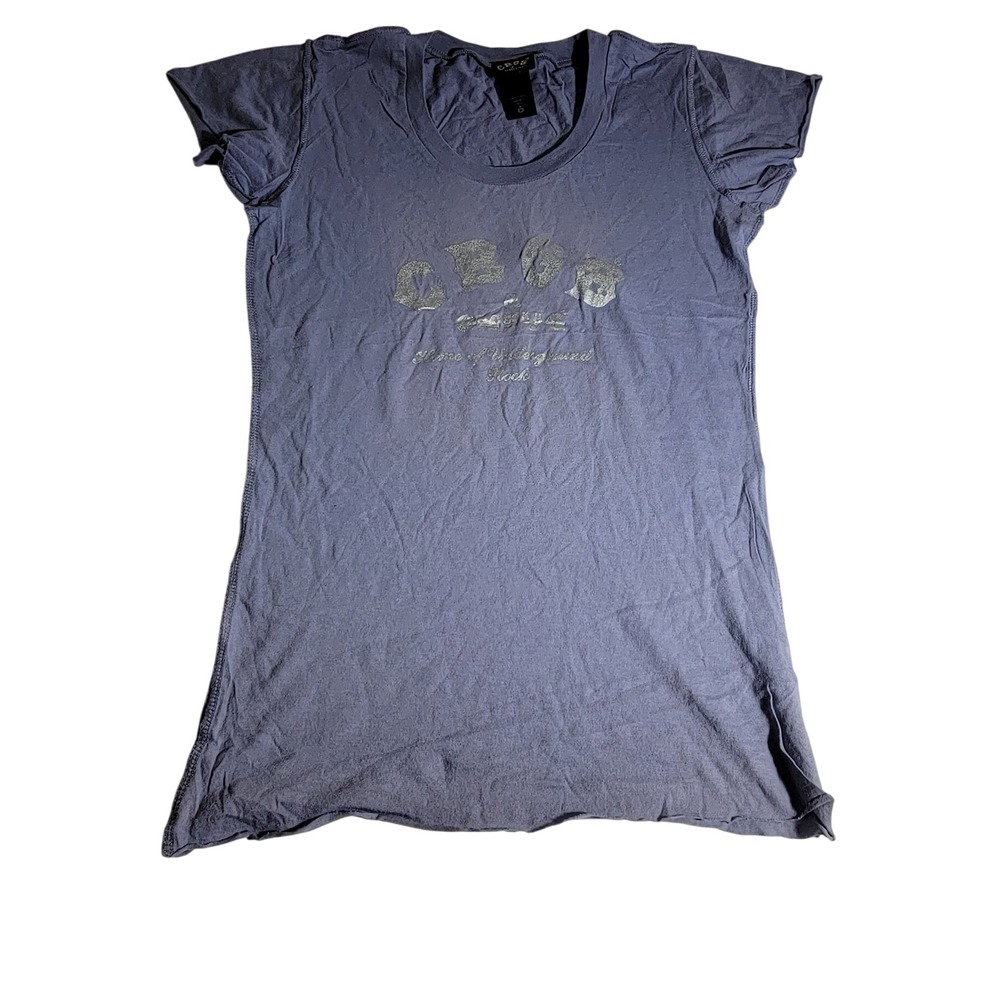 CBGB OMFUG Graphic T-Shirt Blue Slim Fit Scoop Neck Rock Music Tee Womens Medium